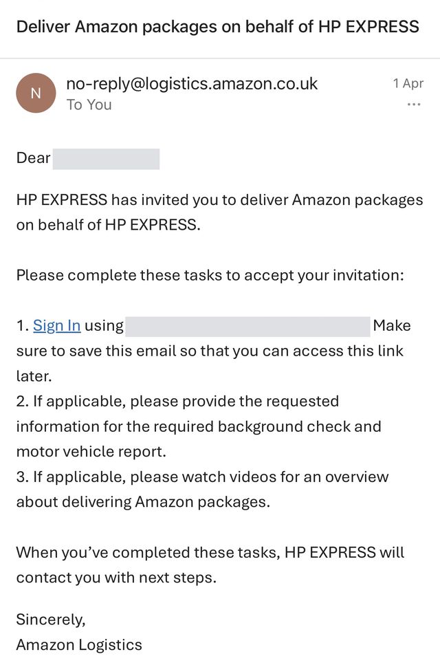 Example email from Amazon: Deliver Amazon packages on behalf of HP Express, with a Sign In link