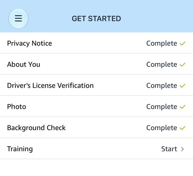 Amazon Flex Get Started screen listing Privacy Notice, About You, Driver's License Verification, Photo, Background Check and Training