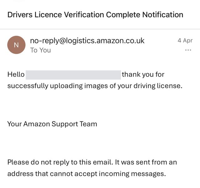 Example email from Amazon: driving licence check complete