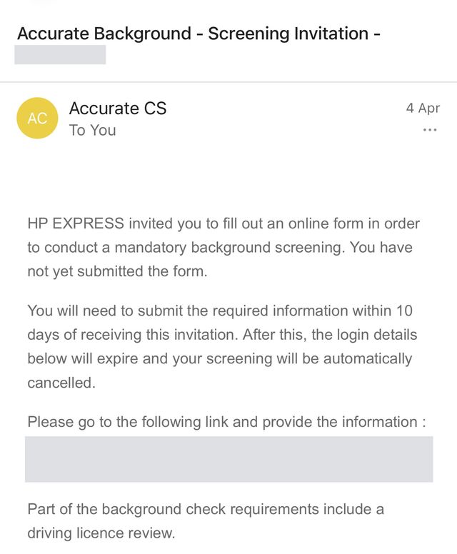 Example Accurate Background screening invitation email