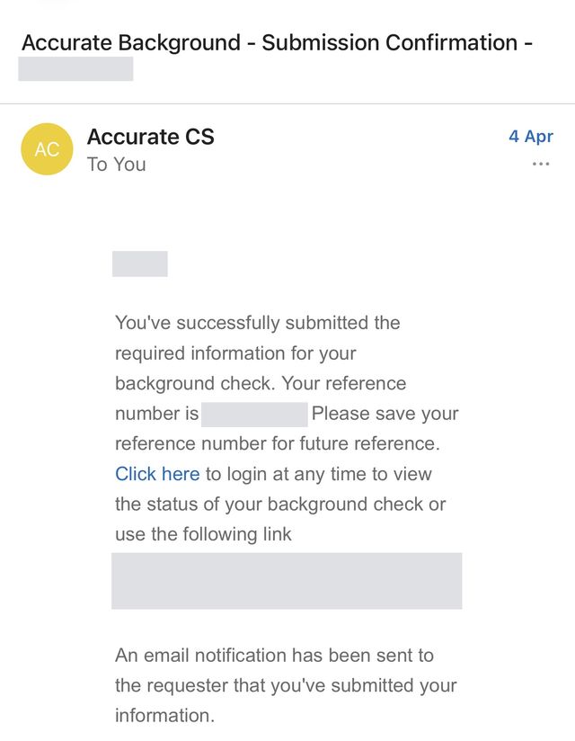 Example Accurate Background submission confirmation email